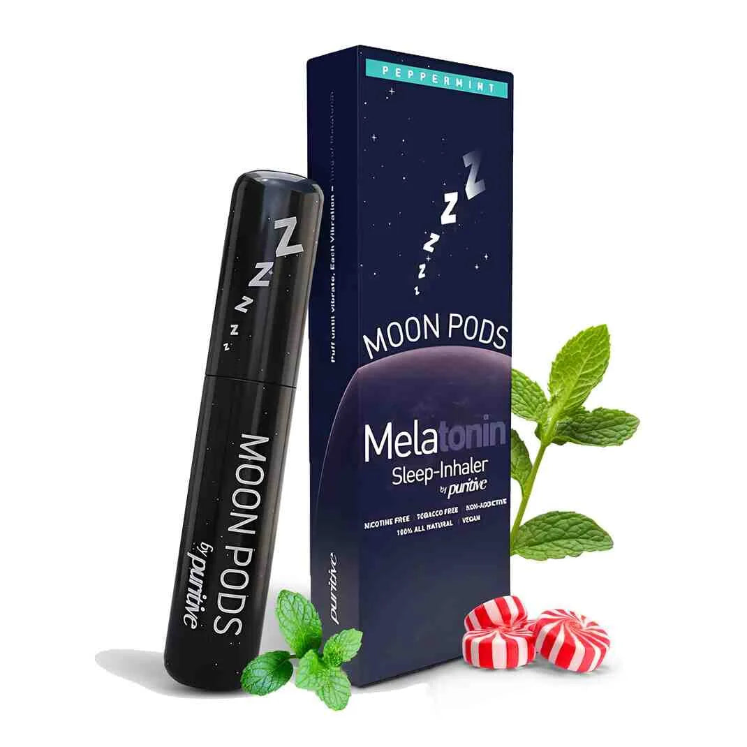 Moon Pods Peppermint inhaler standing beside its box